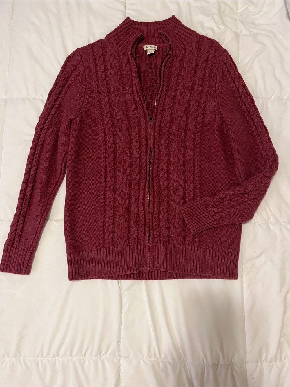 L.L. Bean Women's Cable-Knit Zip Cardigan - Burgundy